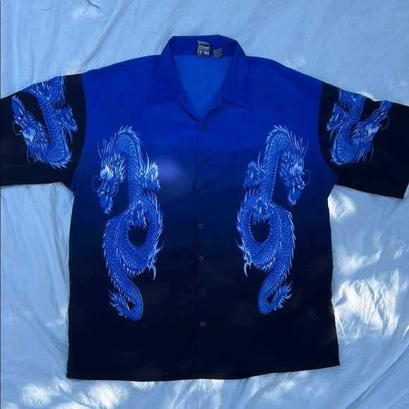Vintage 90s  Blue Dragon Print Collared Button Up Shirt - Picture 1 of 5